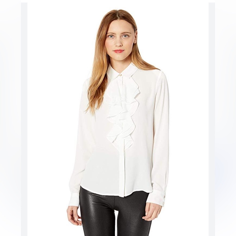Karl Largerfeld Blouse Ruffled Front White XS - like new - missing care tag